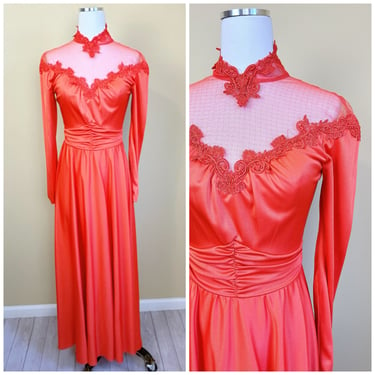 1970s Vintage Persimmon Orange Victorian Revival Dress / 70s / Mesh Sheer Neck Prairie Dress / Size XS -Small 