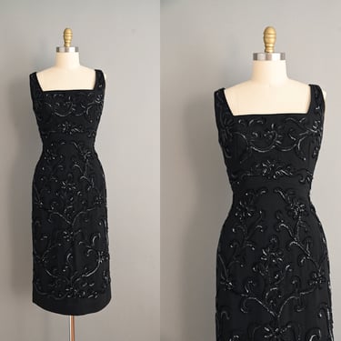 vintage 1950s Bernetti Black Sequin Holiday Party Dress - Size Large 