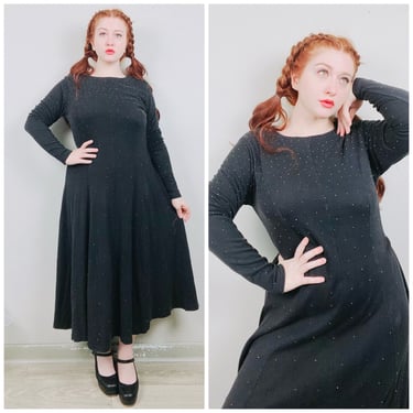 1990s Vintage Ellen Ashley Black Cotton Knit Dress / 90s / Copper Beaded Long Sleeve Fit and Flare Dress / Size Large 