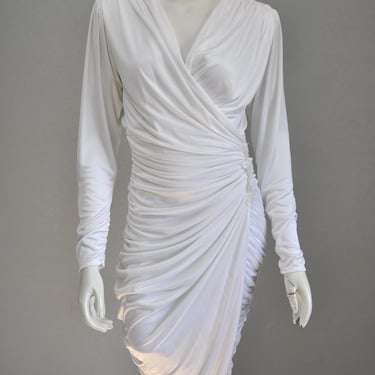 vintage 1980s white ruche jersey draped party dress XS-M 