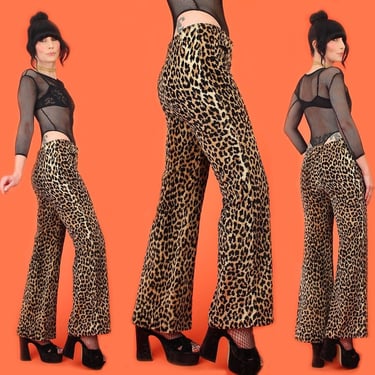 ViNtAgE 70's Fuzzy Leopard Punk Glam Flares by Charm of Hollywood // 1970's Hip Huggers Bell Bottoms Low Rise Bell Bottom Raver Pants 26 