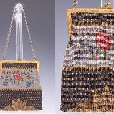 Vintage 1900's Floral Beaded French Handbag • 00's Victorian Rose Purse 