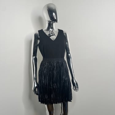 80s Inky Satin Black Pleated Mini Peasant Skirt 