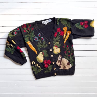 cottagecore sweater 90s vintage Eagle's Eye black bunny rabbit fruit vegetable floral cardigan 