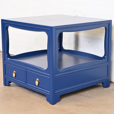 Michael Taylor for Baker Far East Collection Blue Lacquered Nightstand or Side Table, Newly Refinished