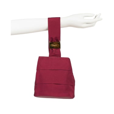 Salvatore Ferragamo 1990s Vintage Burgundy Tiered Grosgrain Ribbon Wristlet Bag 