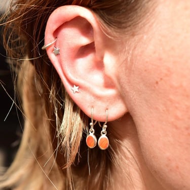 Sterling Silver Carnelian Drop Earrings, Striped Orange Gemstone, Bezel Set Carnelian Cabochons, Fishhook Earrings, 10mm L 