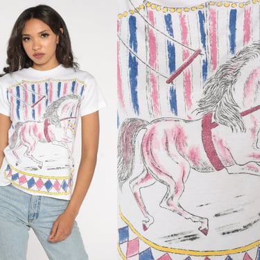 Circus Horse Shirt 90s Glitter T-Shirt Merry Go Round Carousel Horses Graphic Tee Retro TShirt Cowgirl Sparkly White Vintage 1990s Small S 