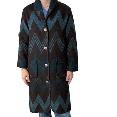 Vintage Rhonda Stark Brown Blue Aztec Western Wool Blend Ranch Chore Trench Coat 
