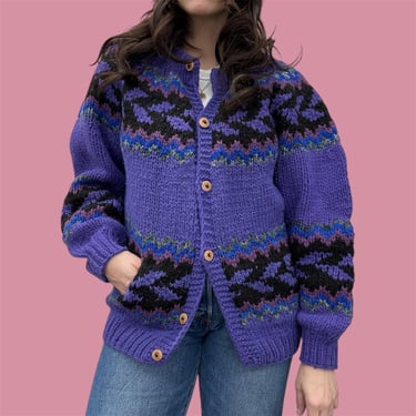 Vintage Cardigan Retro 1990s Handknits + 100% Lambs Wool + No Size + Purple + Fair Isle Print + Wood Buttons + Chunky Sweater + Unisex 