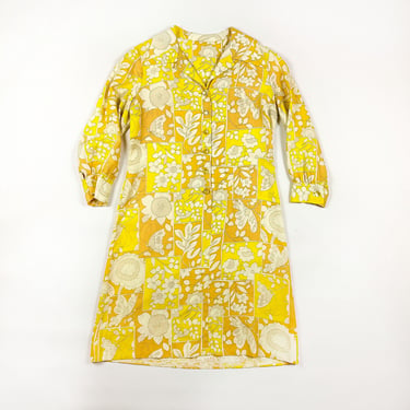 1960s / 1970s Yellow and Orange Shirtdress / Shift Dress / Tie Waist / Patchwork / Floral / Psychedelic / Printed Polyester / Butterfly 