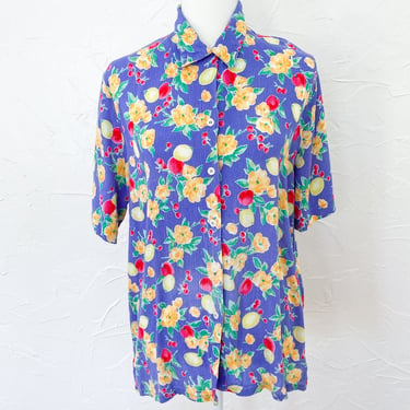 80s Blue Floral and Fruit Print Button Up Rayon Cotton Blouse | Large 