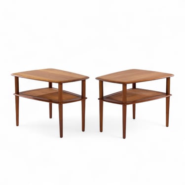 Peter Hvidt for France and Son Mid Century Danish Teak and Cane Side End Tables - Pair - mcm 