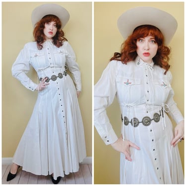1980s Vintage 100% Cotton Karen Alexander Western Dress / 80s Beaded Snap Bolo Cotton Rodeo Maxi / medium 