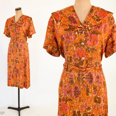 1950s Orange Print Dress |  50s Orange & Brown Print Day Dress | Large 