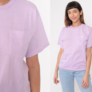 Lavender Pocket Tee 90s Light Purple T Shirt Retro Plain TShirt Solid T-Shirt Minimalist Crewneck Top Basic Shirt Vintage 1990s Medium 