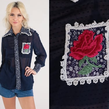 70s Boho Top EMBROIDERED Floral Blouse Semi-Sheer Navy Blue Button Up Shirt Bohemian Long Sleeve 1970s Vintage Disco Hippie Small S 