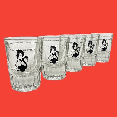 Vintage Playboy Shot Glasses Retro 1970s Mid Century Modern + Clear Glass + Set of 5 + Femlin + Leroy Neiman + Barware + Drinking Bar Decor 