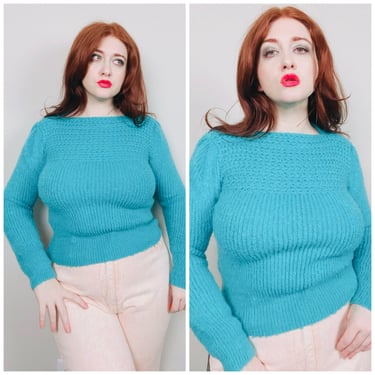 1980s Vintage Arielle Turquoise Knit Sweater / 80s / Eighties Teal Stretch Bombshell Jumper / Size Medium 