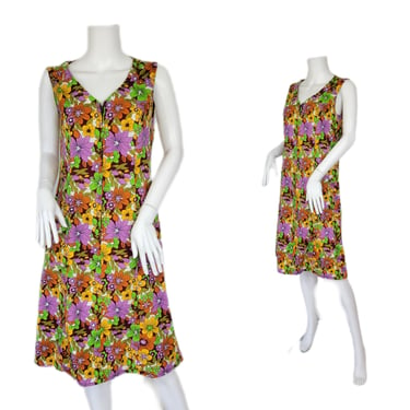 1960's Purple Green Cotton Flower Power Floral Print Shift Dress I Sz Med 