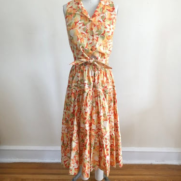 Laura Ashley Orange and Yellow Floral Print Matching Set - Top and Skirt - 1980s 