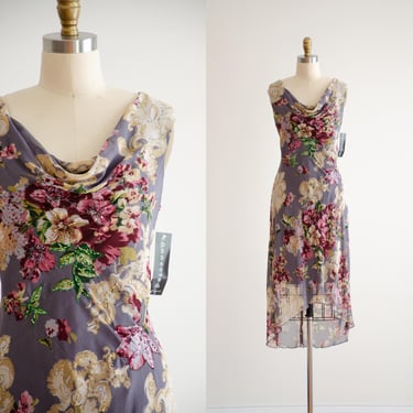 floral midi dress 90s y2k vintage bias cut purple cowl neck chiffon dress 