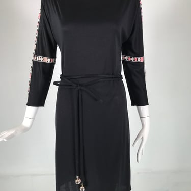Emilio Pucci Black Silk Jersey Boat Neck Border Print Belted Dress