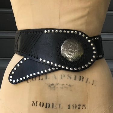 1980s Black leather belt with silver studs