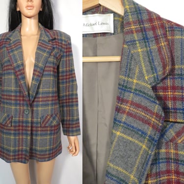 Vintage 90s Wool Gray Plaid Oversized One Button Blazer Made In USA Size M 