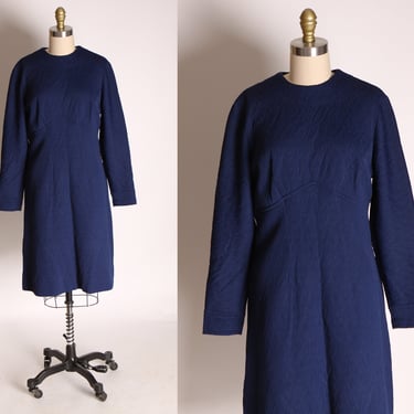 1960s Dark Blue Long Sleeve Textured Polyester Dress -L 