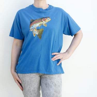 Vintage Worn In T-shirt - Blue with Jumping Fish - Fly Fishing 