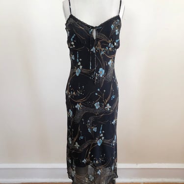 Black Floral Print Midi-Dress with Keyhole and Empire Waist - Late 1990s/Early 2000s 