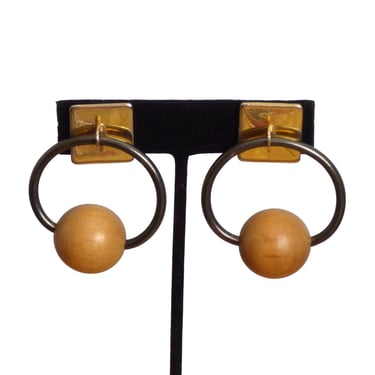 YVES SAINT LAURENT- c.1970 Hoop & Wood Bead Earrings