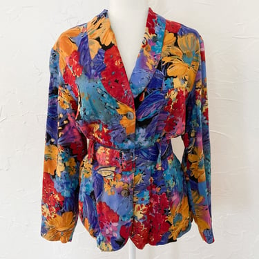 80s Rayon Abstract Multicolored Floral Belted Blouse | Medium 