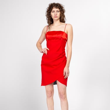 Medium 90s Red Draped Mini Party Dress | Vintage Satin Bust Spaghetti Strap Sexy Cocktail Dress 