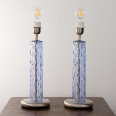 Pair of Murano glass table lamp, Cylinders violet blue color with brushed finish, height 40 cm design lamps  Made in Italy 