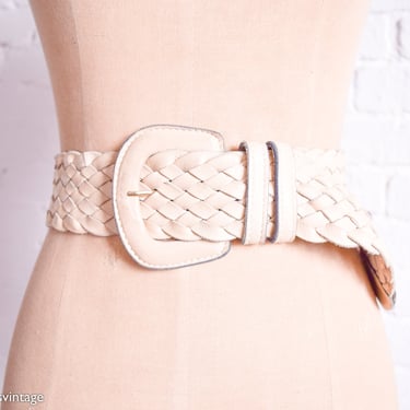 1970s Braided Leather Belt | 70s Ivory White Wide Statement Belt 
