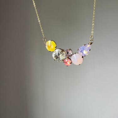 Pastel Crystal Bib necklace handmade gold plated prongs and gold filled chain asymmetric crystal geometric pendant 