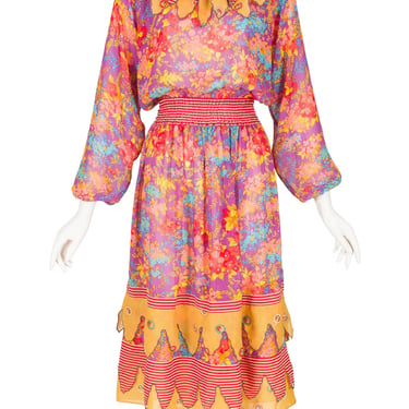 Diane Freis 1980s Vintage Mixed Print Georgette Petal Trim Dress 