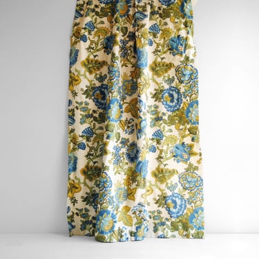 Vintage Floral Curtains in Blue, Green, and Yellow on a Neutral Background 