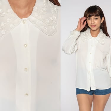 Beaded White Blouse 80s Soutache Pearl Button Up Shirt Oversized Collar Long Sleeve Top Retro Chic Secretary Formal Vintage 1980s Small S 