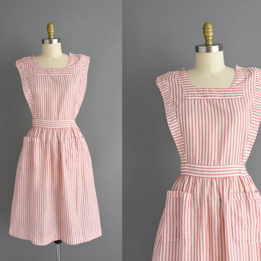 1980s vintage dress | Pink Pinstripe Cotton Uniform Dress | Large | 80s dress 