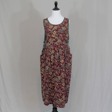 90s Corduroy Jumper Dress - Brick Red, Earthy Green - Paisley Floral - Erika Classics - Vintage 1990s - S 