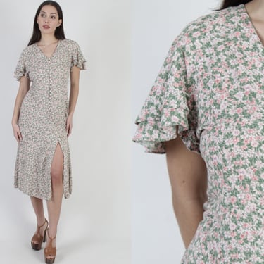 Vintage 90s Romantic Floral Dress / Ivory Rose Flowers Gypsy Style / Grunge Festival Party Babydoll Dress / Button Up Maxi 