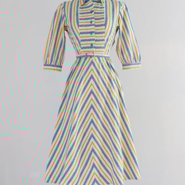 Vintage 1950’s Turquoise & Honey Striped Cotton Shirt Dress / M