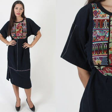 Heavily Embroidered Guatemalan Dress, Vintage Blue Denim Mexican Dress, Bright Ethnic Embroidery 