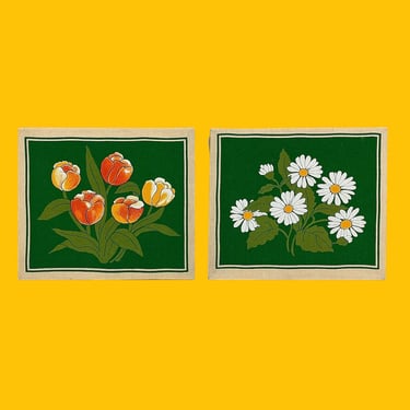 Vintage Fabric Wall Art 1970s Retro Size 12x14 Contemporary + Tulips and Daisies + Flowers + Set of 2 + Home Decor + Framed Tapestries 