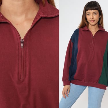 Color Block Sweatshirt 90s Burgundy Cotton Striped Quarter Zip Sweatshirt Green Navy Blue Pullover Sweater Retro Sporty 1990s Vintage Medium 