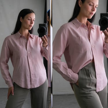 Vintage 90s Ralph Lauren Dusty Rose Linen Classic Long Sleeve Oxford Blouse | 100% Linen | 1990s LRL Designer Long Sleeve Button Front Top 