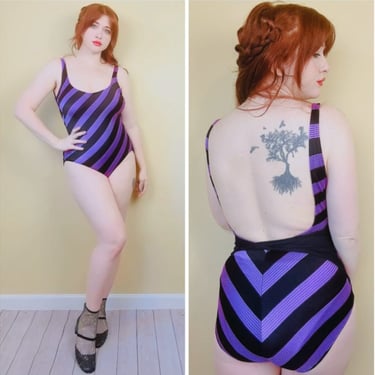 1980s Vintage Purple and Black Rose Marie Reid Backless Swimsuit / 80s Punk Striped One Piece Swimsuit / Medium - Large 